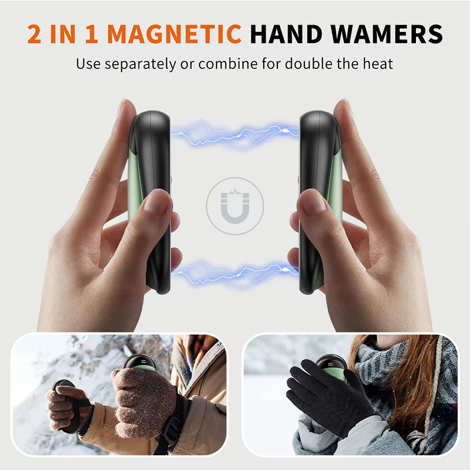 Rechargeable 2-Pack Magnetic Electric Hand Warmers with Digital Display - Portable 2-in-1 Pocket Warmers