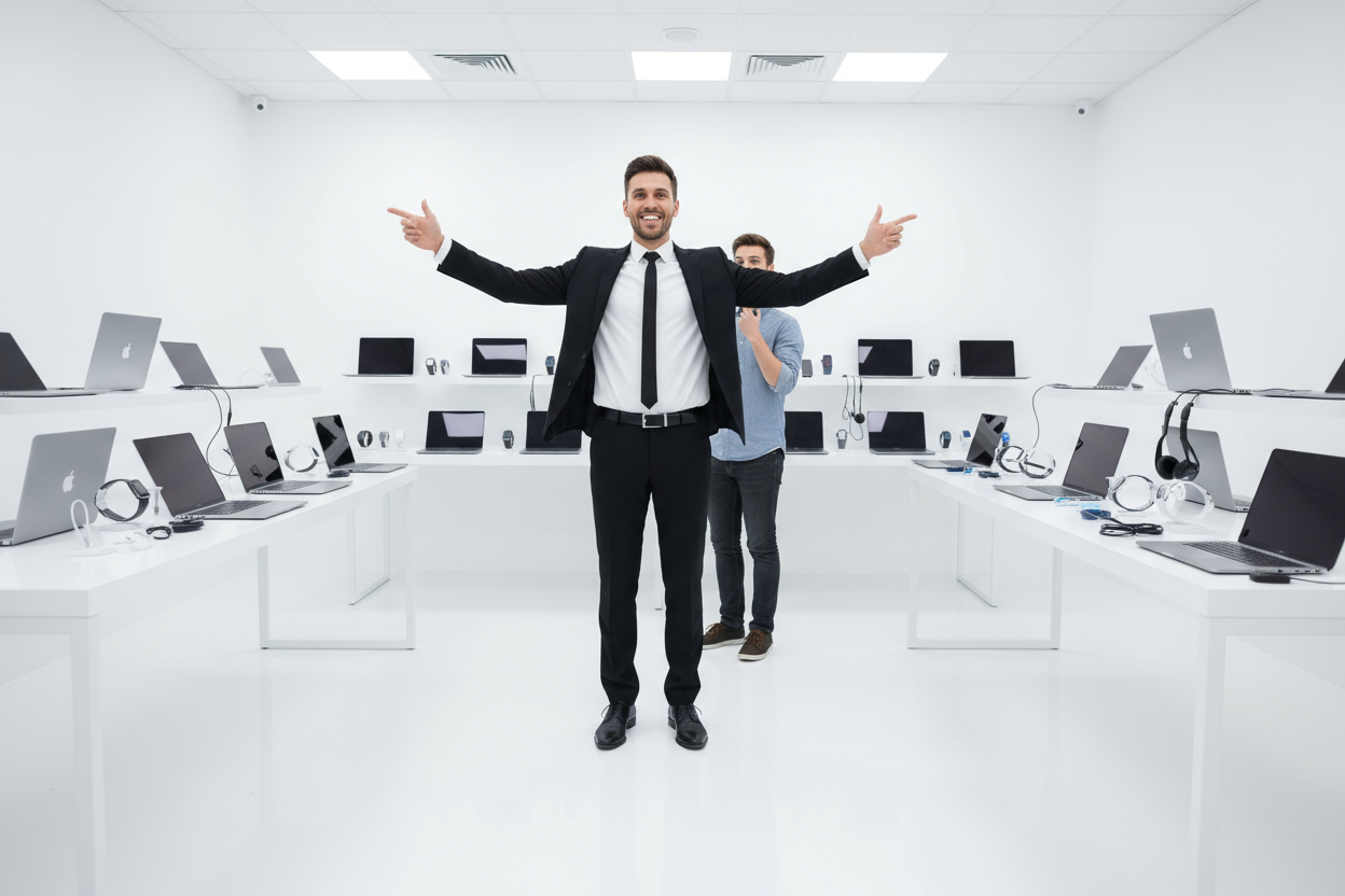 Ein mann in schwarzweissem anzug zeigt einem kunden triumphierend auf all seine tech waare in einem weissen raum